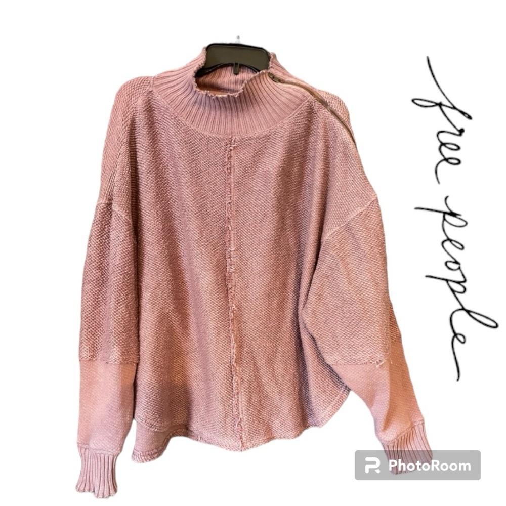 Free People Purple Distressed Waffleknit Turtleneck Balloon Sleeve Sweater Small